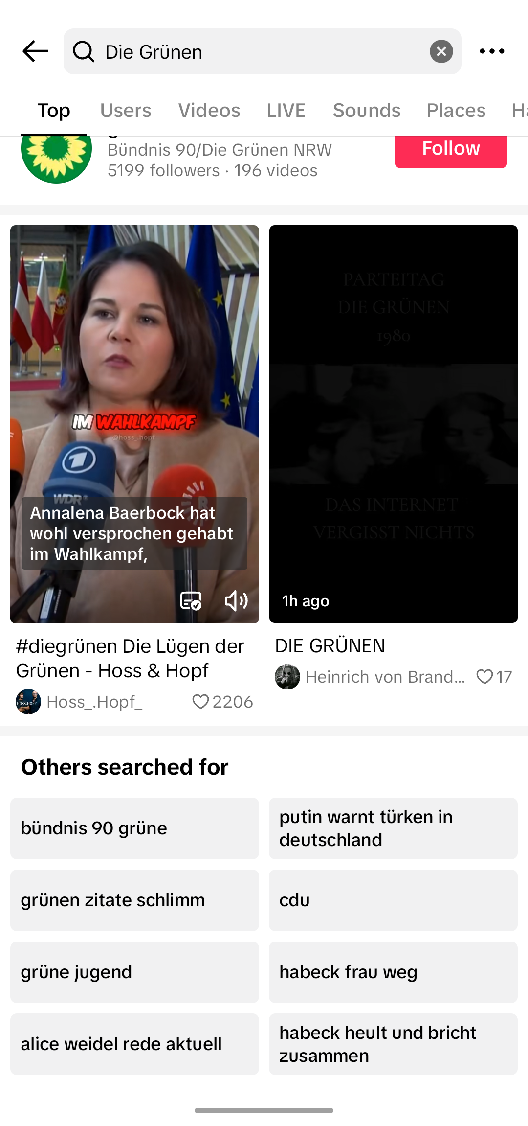 Screenshot from TikTok showing search suggestion for 'The Greens' in July 2023. Suggestions include 'putin wars turkish people in Germany', 'cdu' and 'habeck wife left'